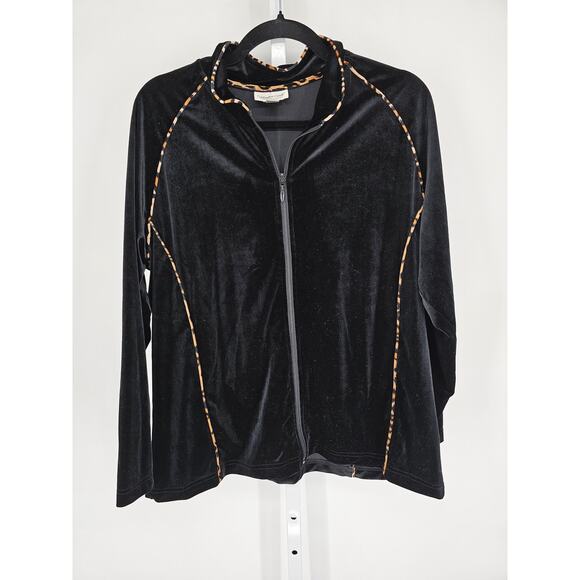 Coldwater Creek Womens Sz 1X Zip Up Velvet Velour Jacket Black w/ Leopard Trim - Picture 1 of 4